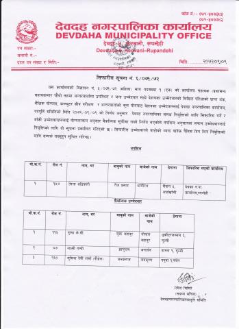 देवदह नगरपालिका कार्यालयकाे कार्यालय सहायक सहायकस्तर चाैथाे तहमा (महिला तर्फ) सिफारिस सम्बन्धी सूचना
